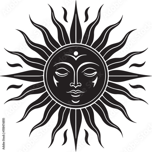 Vector vintage sun with a face, engraving style, esoteric and occult magic signs isolated on white background