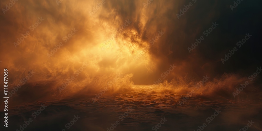 Fototapeta premium Empty Dark Stage with Orange Mist Fog Smoke - Platform Showcasing Artistic Work Product