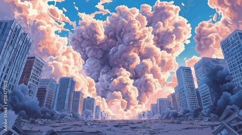 Urban resilience illustrations against polycrisis post-apocalyptic cityscape overview photo