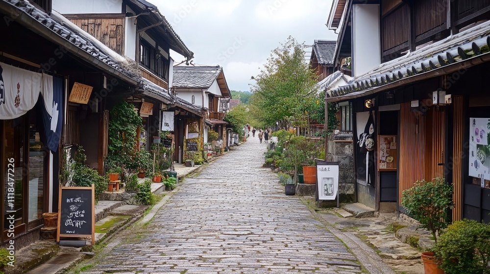 A charming cobblestone street in a historic old town A charming cobblestone street in a historic old town