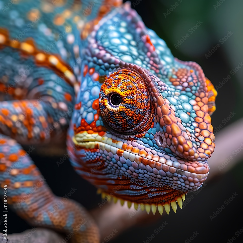 Fototapeta premium beautiful chameleon, Close up of Vibrant Chameleon with Intense Gaze in Lush Green Setting, A Close-Up of a Vibrant Chameleon. 