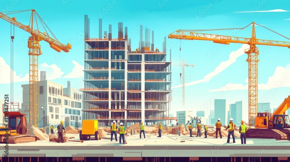 Construction site with cranes, workers, and building under construction. Construction site with cranes, workers, and building under construction.