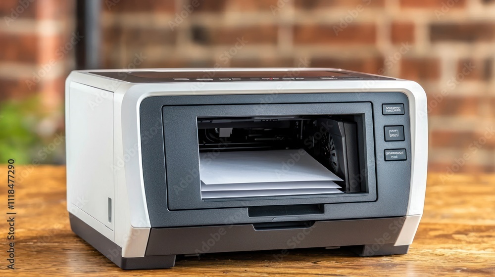 Fototapeta premium Modern Compact Printer on Wooden Table