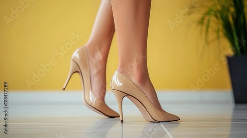 These stylish nude high heels on a sleek floor radiate elegance and sophistication, embodying grace, confidence, and a minimalist aesthetic in fashion. photo