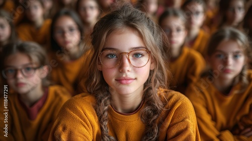 A group of young girls wearing glasses sitting in a classroom