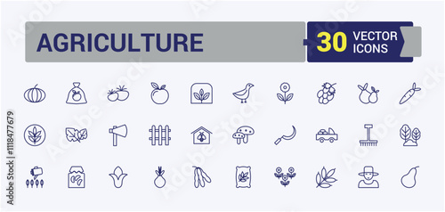 Agriculture line icons set. Contains such icons as graphic, crop, mill, tractor, sunflower, harvest, tech, land. Minimalist thin linear icon. Editable vector icon and illustration.