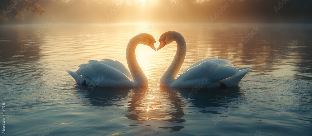 Fototapeta premium Two swans forming a heart shape on a calm lake at sunrise.