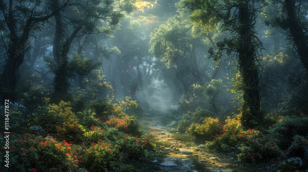 A forest with a path through it A forest with a path through it