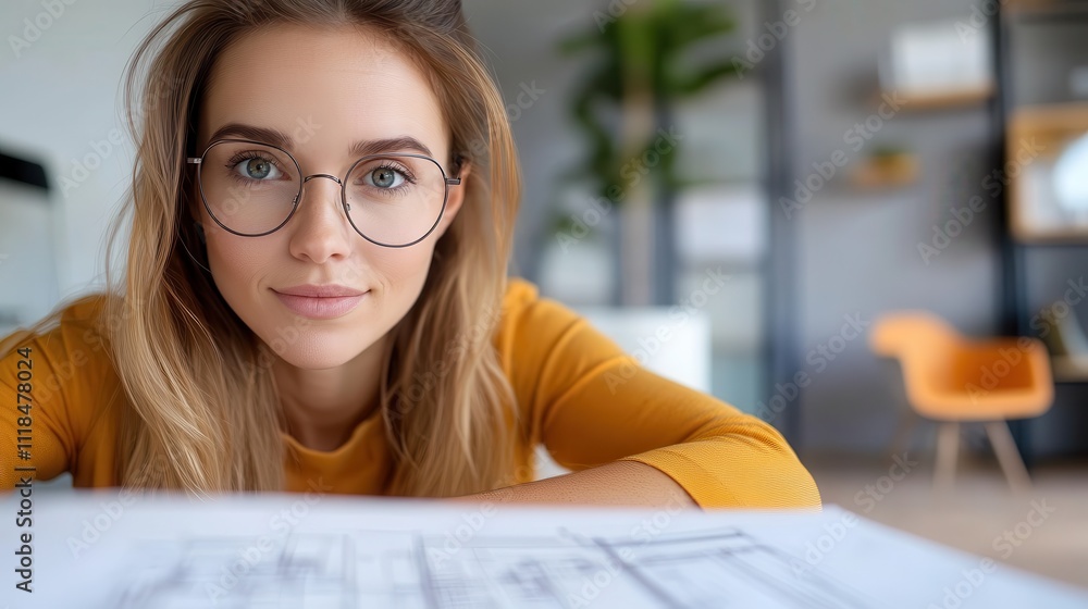 A woman with glasses is deeply focused as she examines architectural plans, suggesting concentration and expertise in a modern setting enhanced with simple decor elements.