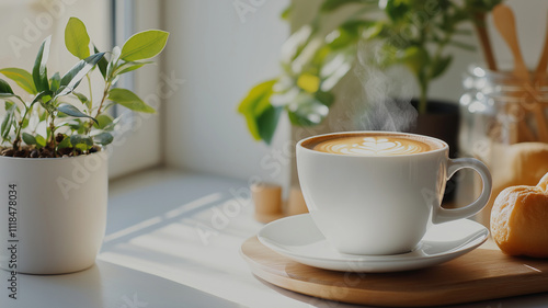 cozy coffee scene with steaming cup, plants, and pastries