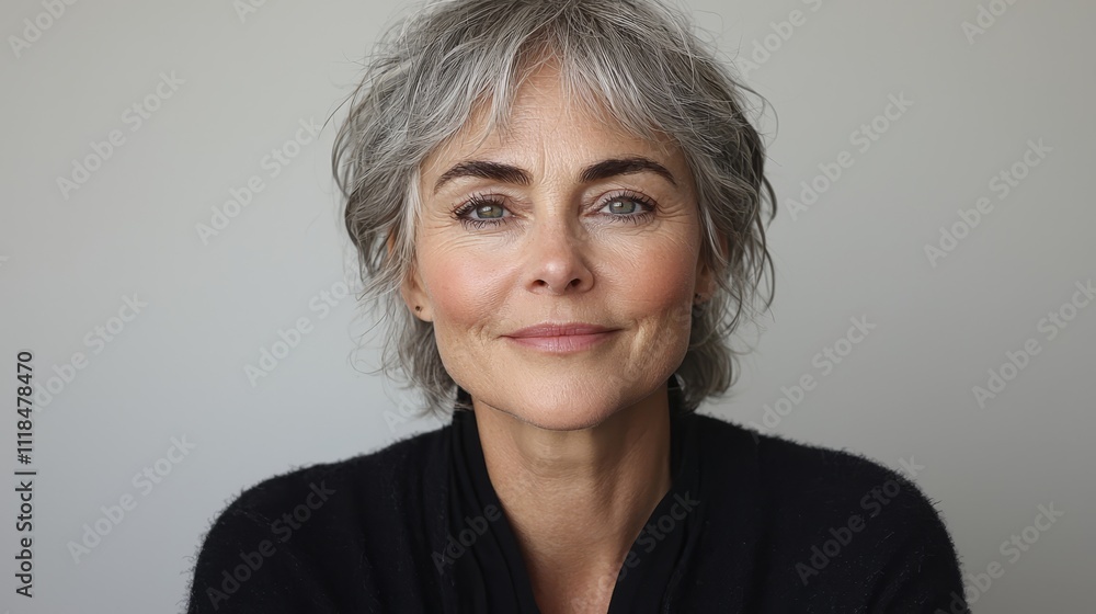 A woman with grey hair and a black shirt A woman with grey hair and a black shirt