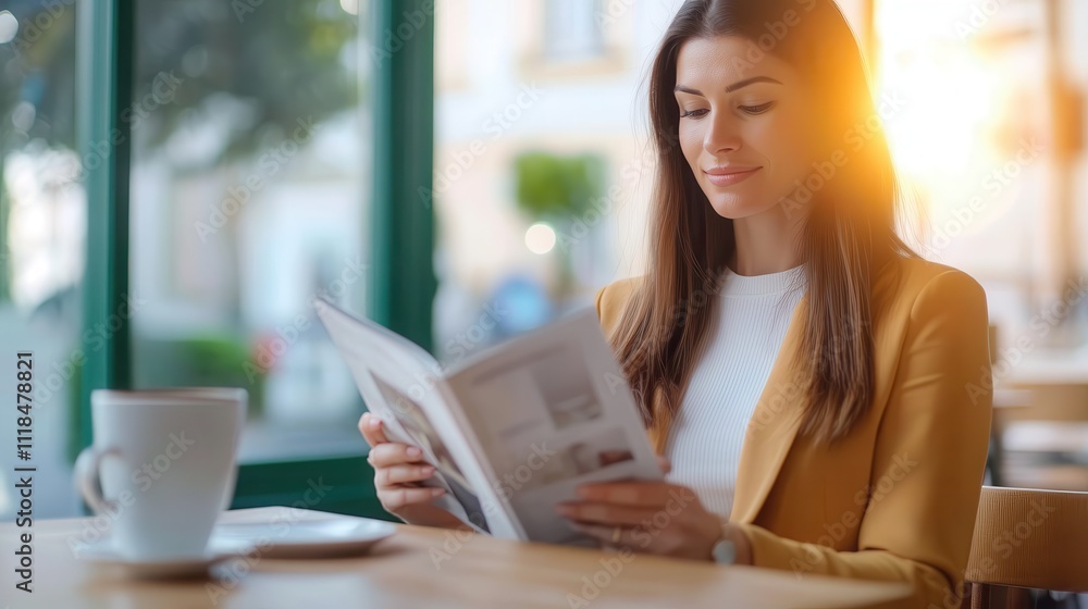 In a serene cafe environment, a woman enjoys her time reading a magazine with a coffee by her side, highlighting the essence of relaxation and quiet reflection. In a serene cafe environment, a woman enjoys her time reading a magazine with a coffee by her side, highlighting the essence of relaxation and quiet reflection.
