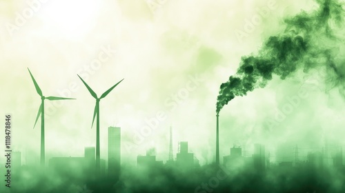 Wind Turbines and Smoke from Industrial Chimney Against Green Sky