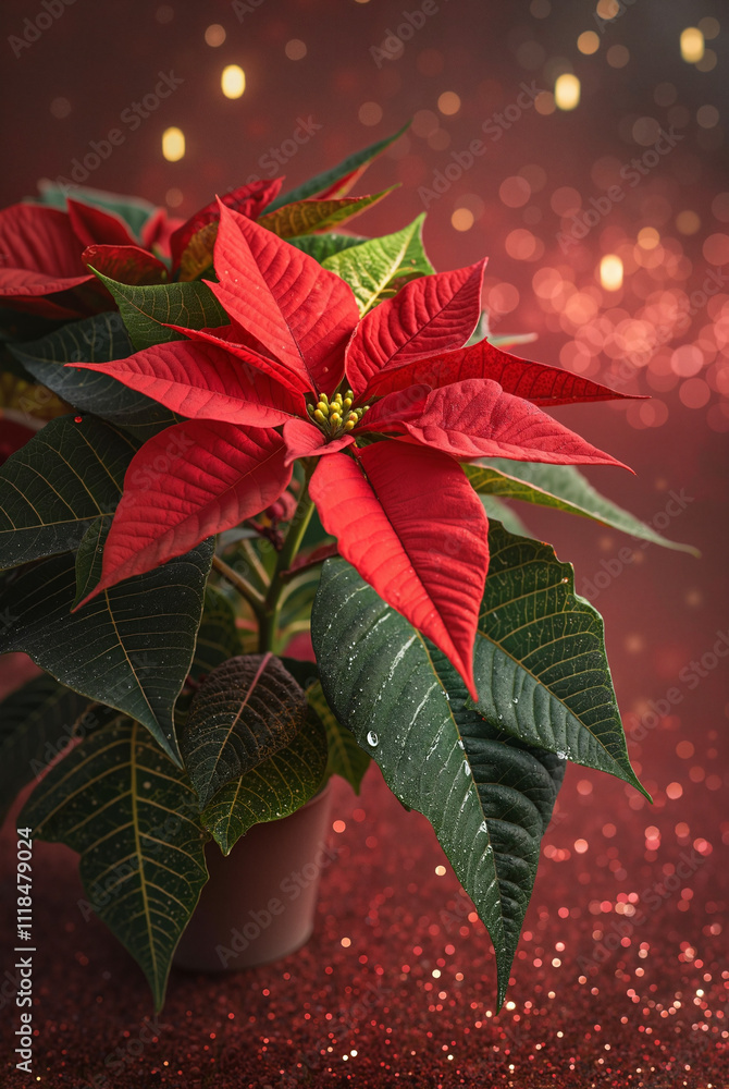 Obraz premium Red poinsettia flowers with festive bokeh lighting