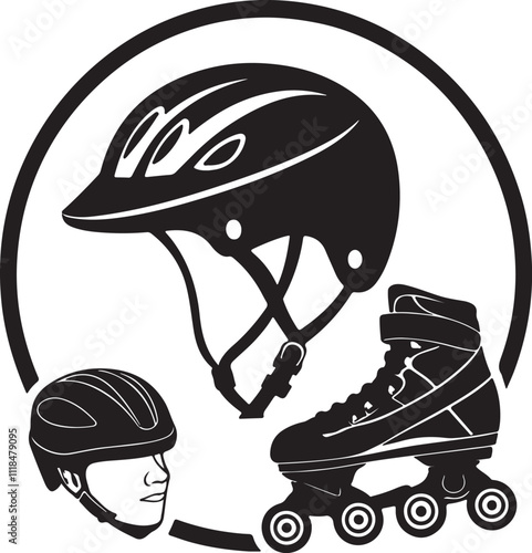 silhouette bicycle protective helmet logo icon. silhouette bicycle safe guard helmet, silhouette roller skate protect the helmet