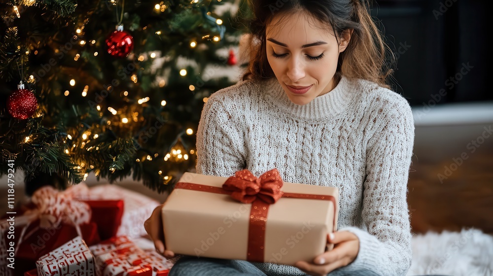 A woman in a cozy sweater sits under a beautifully decorated Christmas tree, opening a wrapped present, bringing to life the warmth and joy of the festive season. A woman in a cozy sweater sits under a beautifully decorated Christmas tree, opening a wrapped present, bringing to life the warmth and joy of the festive season.