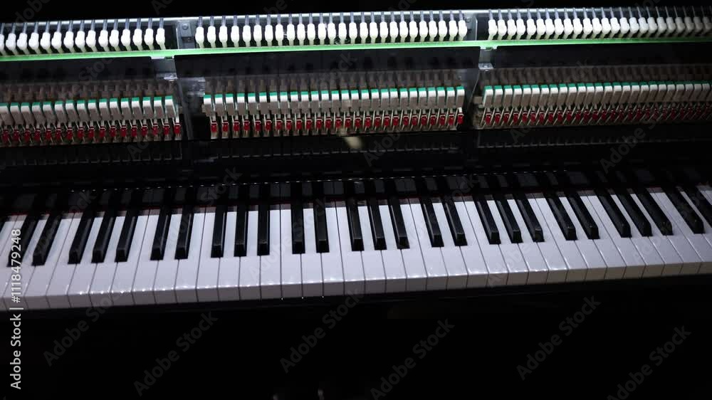 A close-up view of a piano keyboard and its intricate hammer mechanism, showcased through a transparent panel. This design offers both aesthetic appeal and a glimpse into the craftsmanship behind the A close-up view of a piano keyboard and its intricate hammer mechanism, showcased through a transparent panel. This design offers both aesthetic appeal and a glimpse into the craftsmanship behind the