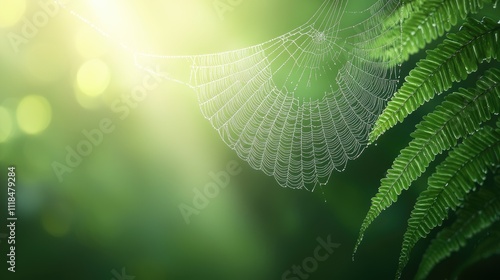 Delicate Spider Web Glistening in Sunlight Among Lush Greenery