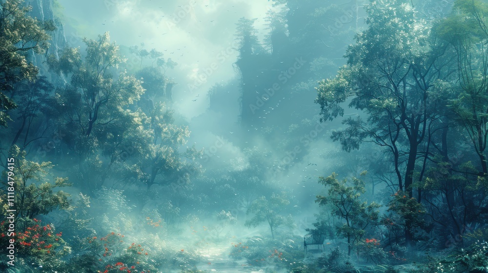 Fototapeta premium A forest with a foggy sky and trees