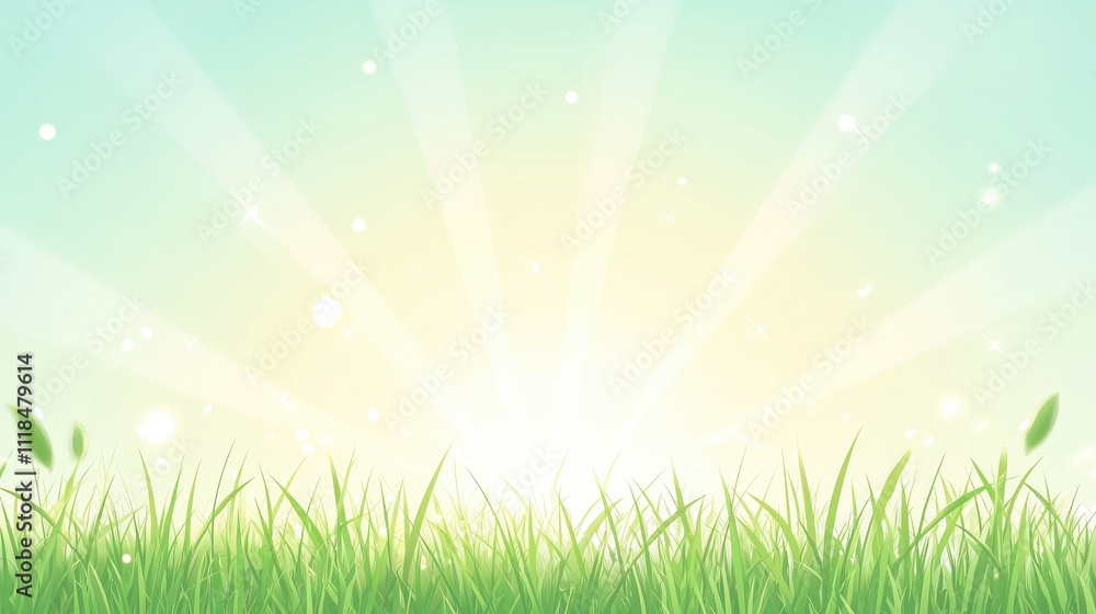 Bright Sunrise Over Lush Green Grass with Soft Light Rays Bright Sunrise Over Lush Green Grass with Soft Light Rays