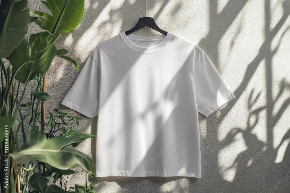 A plain white t-shirt hanging on a hanger surrounded by greenery and soft shadows. A plain white t-shirt hanging on a hanger surrounded by greenery and soft shadows.