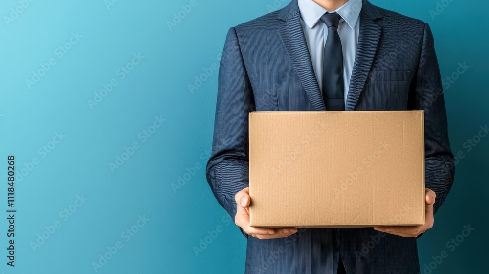 A businessman in a suit holds a cardboard box, symbolizing delivery and professional service against a blue backdrop. A businessman in a suit holds a cardboard box, symbolizing delivery and professional service against a blue backdrop.