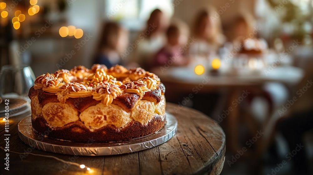 rosca de reyes cake on rustic wooden table blurred family setting in background symbolizing three kings day with copy rosca de reyes cake on rustic wooden table blurred family setting in background symbolizing three kings day with copy
