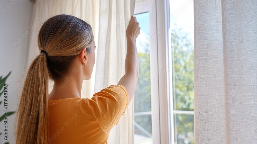 A woman stands by a window with partially opened curtains, welcoming morning sunshine and creating a warm, inviting atmosphere filled with soft, natural light. A woman stands by a window with partially opened curtains, welcoming morning sunshine and creating a warm, inviting atmosphere filled with soft, natural light.