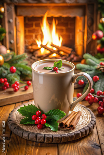 Festive coffee cup with holly and cinnamon