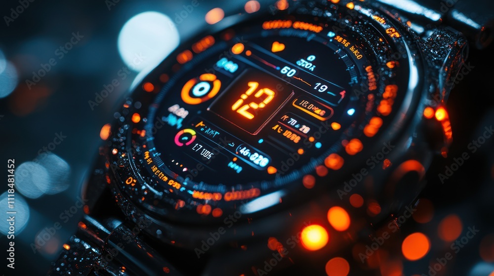 Close-up of a futuristic smartwatch displaying time, heart rate, and other fitness data, with water droplets on the surface. Close-up of a futuristic smartwatch displaying time, heart rate, and other fitness data, with water droplets on the surface.