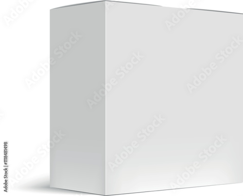 Realistic white cardboard packaging box mockup casting a soft shadow on a clean white background, perfectly suited for displaying product designs and branding concepts