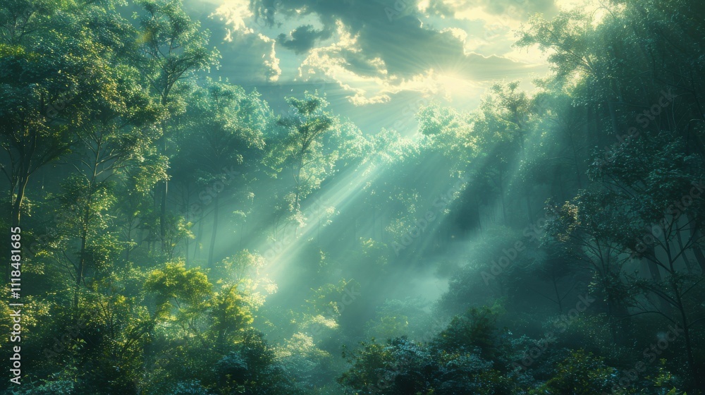 A forest with trees and sunlight shining through the leaves A forest with trees and sunlight shining through the leaves