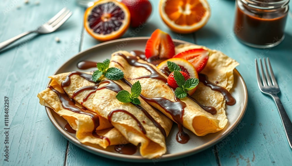 Delicious Crepes with Fresh Fruits and Chocolate Drizzle - Food Photography Delicious Crepes with Fresh Fruits and Chocolate Drizzle - Food Photography