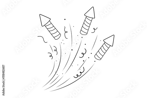 Fireworks and rocket, salute firecracker with burst, light and festive explosions in doodle style. Hand drawn sparks, firecracker on white background. Party, celebrations, event.