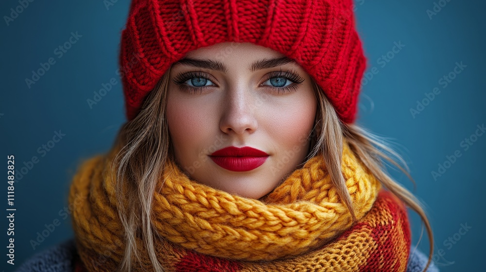 Portrait of a woman wearing a red hat and yellow scarf in winter Portrait of a woman wearing a red hat and yellow scarf in winter