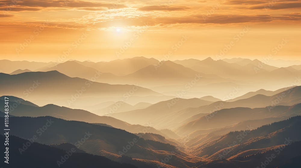 Obraz premium Mountain range with visible silhouettes through the morning colorful fog. Hazy mountain sunset. Panoramic view. Illustration for banner, poster, cover, brochure or presentation.