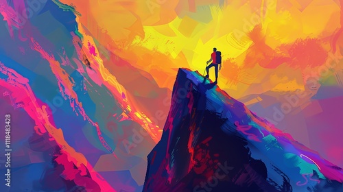 Man with backpack standing on the top of mountain and enjoying the view. Travel concept. Achieving your dreams. Digital art in watercolor style. Illustration for cover, card, interior design or print.