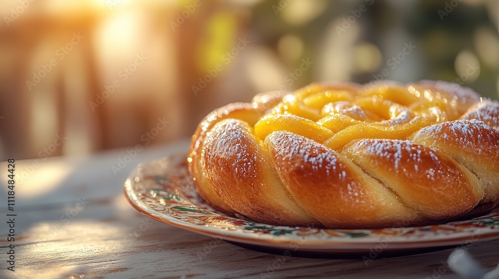 rosca de reyes on decorative plate blurred warm lighting in background symbolizing tradition for three kings day with rosca de reyes on decorative plate blurred warm lighting in background symbolizing tradition for three kings day with