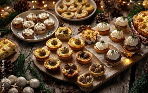 A festive holiday spread on a grazing table, filled with mini quiches, sliders, and stuffed mushrooms, surrounded by the warm glow of fairy lights and seasonal decor.