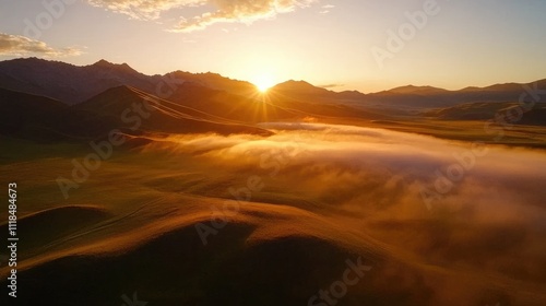 Majestic Sunrise Over Mountain Landscape with Misty Fog and Light