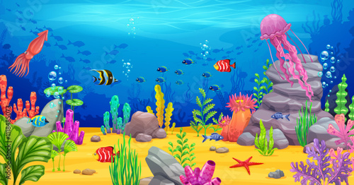 Underwater sea landscape with tropical fishes for cartoon game, vector background. Undersea coral reef landscape with sea animals and ocean fishes, squid and jellyfish or starfish for game background