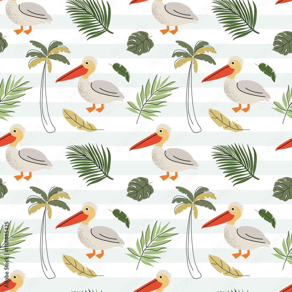 Obraz premium Seamless pattern with cute pelican. Exotic birds. Childish jungle background. Tropical wallpaper.