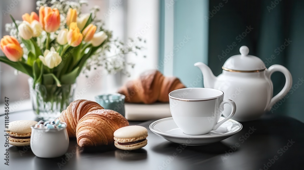 A delightful breakfast setting features fresh croissants, a classic white tea set, and colorful tulips on a dark table, exuding elegance and warmth. A delightful breakfast setting features fresh croissants, a classic white tea set, and colorful tulips on a dark table, exuding elegance and warmth.