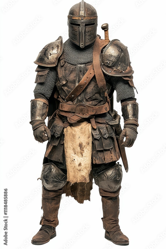 Fototapeta premium Weathered armored figure, sword, isolated.