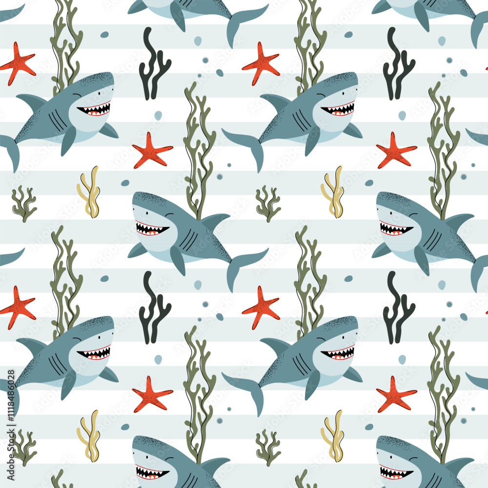 Seamless pattern with cute shark. Marine animals. Cartoon sea. Background with underwater characters. Seamless pattern with cute shark. Marine animals. Cartoon sea. Background with underwater characters.