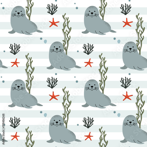 Seamless pattern with cute seal. Marine animals. Cartoon sea. Background with underwater characters.