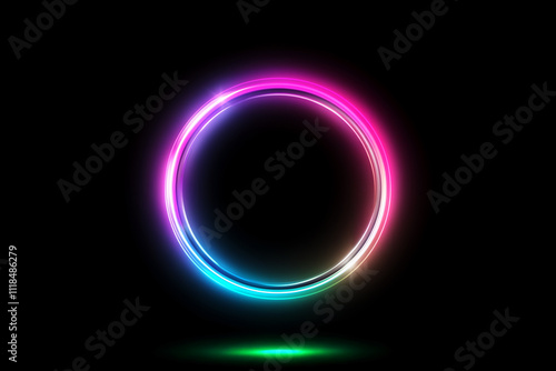 Rainbow Neon Circle on a dark background, illuminated by vibrant neon lights, with a magical and ethereal feel