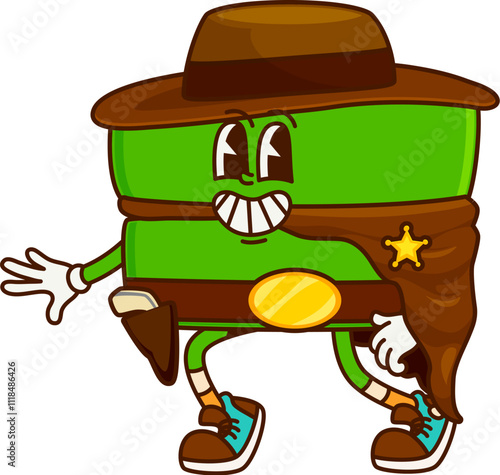 Groovy equal sign cowboy sheriff or Western cartoon character, vector math symbol. Funny groovy equals sign as Texas sheriff in cowboy hat with guns and star badge as Wild West cartoon character