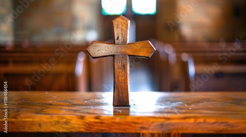 In the heart of a serene church, a beautifully crafted wooden cross rests on a polished altar. The soft light filters through stained glass, enhancing the atmosphere of contemplation on Good Friday