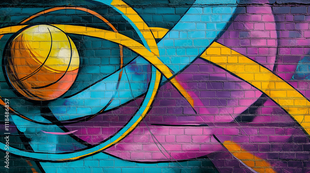 Fototapeta premium Pop art comic street graffiti with abstract sphere on brick wall. 